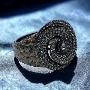 Statement Bracelet Pave Rhinestone Floral Swirl Gem Gun Metal Reptile Print Cuff